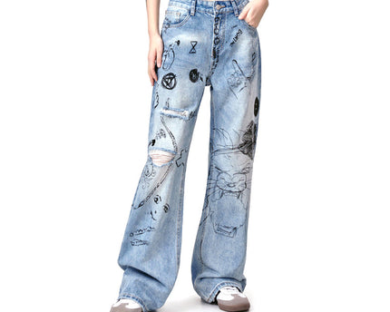 Graffiti Fun Niche Print Washed Distressed Denim Trousers