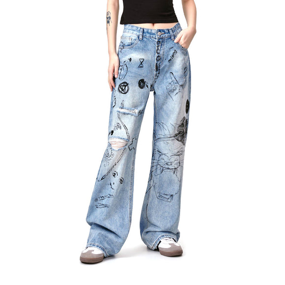Graffiti Fun Niche Print Washed Distressed Denim Trousers