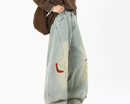 Jeans de Parchwork Divertidos de Calle Alta para Hombre, Tendencia Otoñal, Pantalones de Cuchillo Deconstruidos Bordados, Pantalones Rectos Lavados Cleanfit