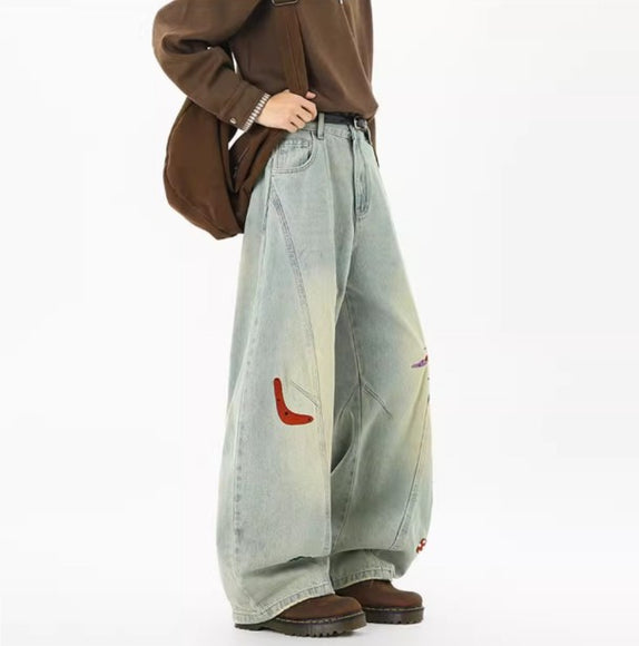 Jeans en patchwork amusants pour hommes de la rue principale, tendance automne, déstructurés, brodés, pantalons à taille haute, lavés, coupe droite