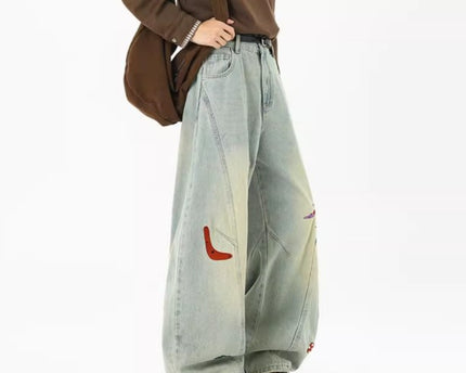 Jeans en patchwork amusants de streetwear pour hommes, tendance, déstructurés, brodés, pantalons à coupe propre, jeans droits lavés