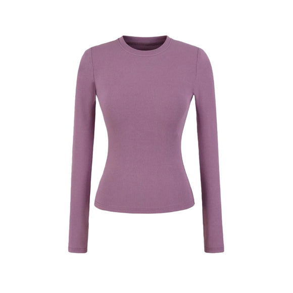 Camiseta básica elástica ajustada de manga larga con cuello redondo vintage, acolchada, de hombros regulares, top sólido de color simple