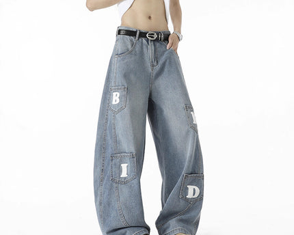 Multi-pocket Washed Knife-cut Pants for Men and Women Autumn American Retro Distressed Jeans, Loose Wide-leg Floor-length Trousers