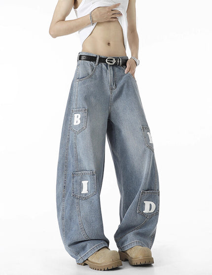 Multi-pocket Washed Knife-cut Pants for Men and Women Autumn American Retro Distressed Jeans, Loose Wide-leg Floor-length Trousers