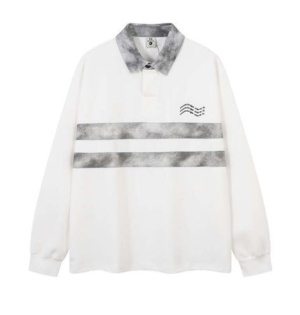 Retro Embroidered Patchwork Polo Hoodie in white with gray stripes and collar, showcasing vintage style and modern design.