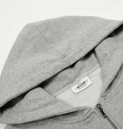 Washed Retro Zip Hooded Jacket – Fitted close-up view of gray hoodie with hood and zipper.
