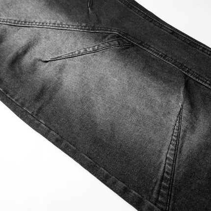 Distressed Pleated Reverse Denim Pants showcasing pleated panels and washed finish for an edgy street style.