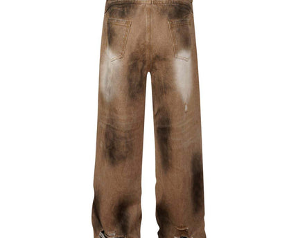 Washed Tie-Dye Distressed Denim Pants Loose Wide-Leg Straight Long Pants