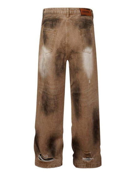 Washed Tie-Dye Distressed Denim Pants Unisex Loose Wide-Leg Straight Long Pants