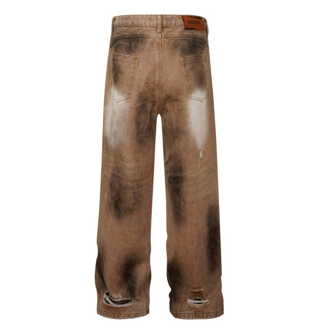 Pantaloni din denim cu picioare largi, cu aspect uzat și broderie patchwork