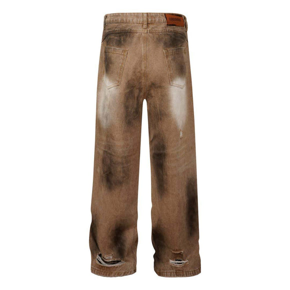 Washed Tie-Dye Distressed Denim Pants Unisex Loose Wide-Leg Straight Long Pants