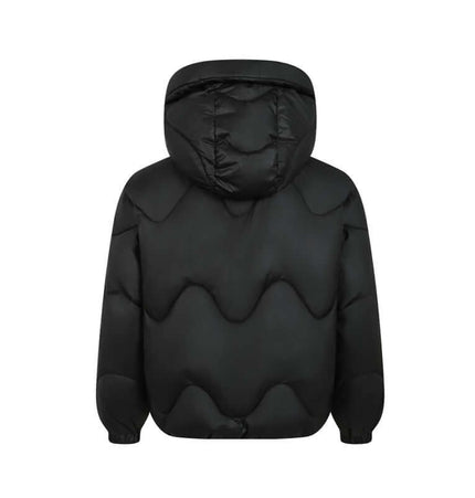 Back view of the Wave Design Puffer Coat – Loose Fit in black, showcasing its distinctive wave pattern and hood.