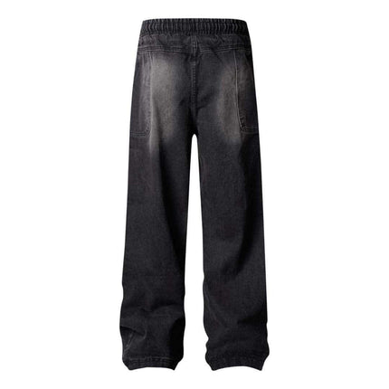 Back view of Distressed Pleated Reverse Denim Pants showcasing washed finish and relaxed fit.