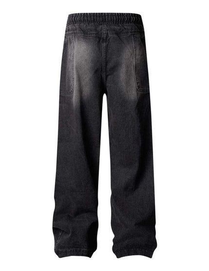 High Street  Washed Distressed Pleated Reverse Denim Pants Unisex Loose Wide Leg Straight Trousers
