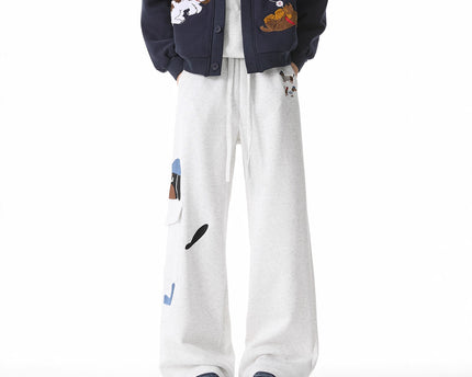 Dog Embroidery Sweatpants Men's Autumn Vintage Multi-Pocket Casual Pants High Street Versatile Drawstring Loose Sport Pants