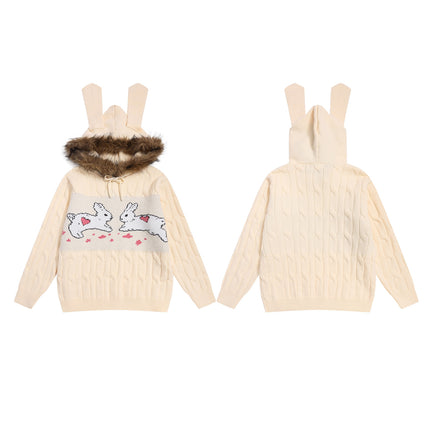 Cute Rabbit Hooded Sweater with Large Fur Collar and Tie for Women