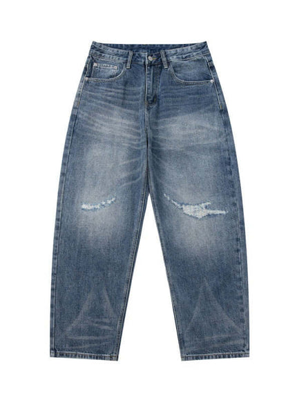 Blue distressed cut out tapered jeans with Grozavu logo