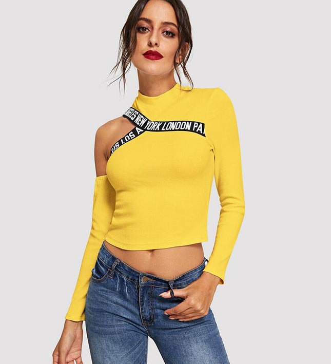 Yellow Cut Out Shoulder Letter Tape Tee Asymmetrical Neck Streetwear Slim Clothes