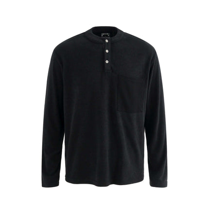 Stand Collar Button Hoodie – Loose Fit in black, featuring a stand collar, button details, and long sleeves.