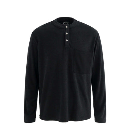 Stand Collar Button Hoodie – Loose Fit in black, featuring a stand collar, button details, and long sleeves.