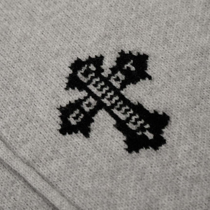 Close-up of Letter Jacquard Knit Hoodie – Loose Fit showing the intricate black pattern on soft gray fabric.