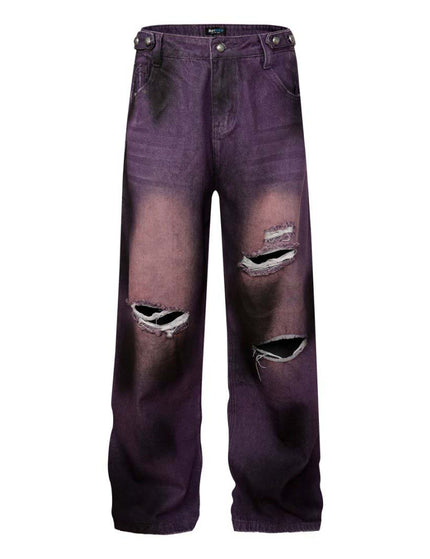 Washed Tie-Dye Distressed Denim Pants Unisex Loose Wide-Leg Straight Long Pants