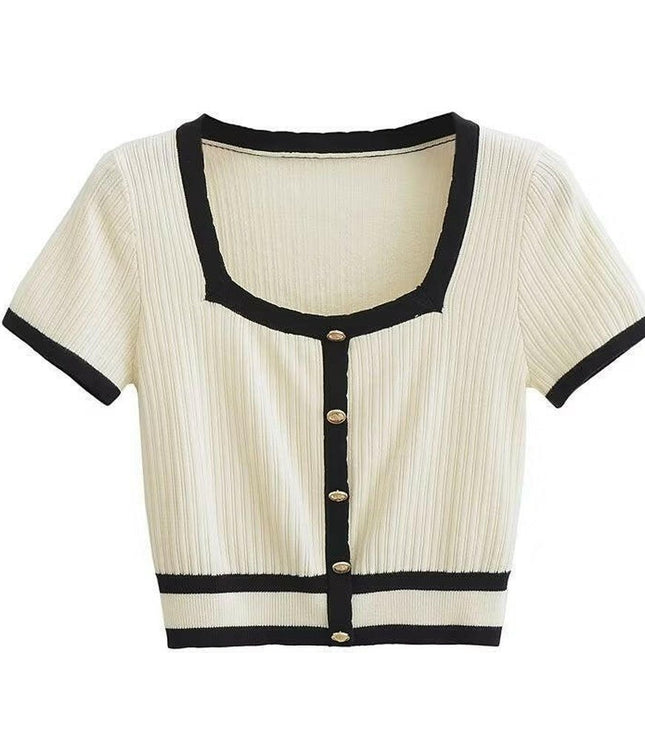 Grozavu's  New U Neck Knitted Cardigan T-Shirt: Short Sleeve, Tight Fit
