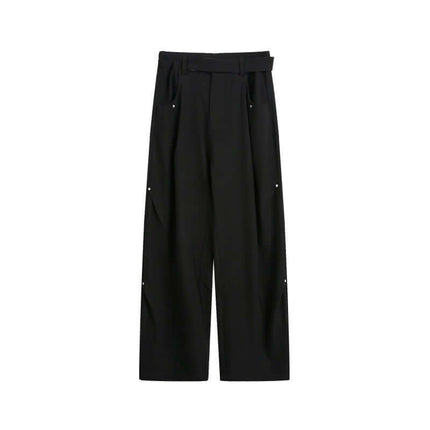 Wide Leg Pleated Plaid Trousers in black with pleated design and drawstring belt for a relaxed fit.