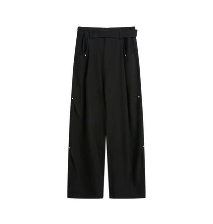 Wide Leg Pleated Plaid Trousers in black with pleated design and drawstring belt for a relaxed fit.