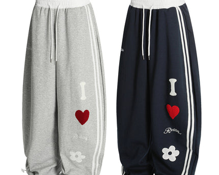 Street Style Towel Embroidery Heart Graphic Sweatpants