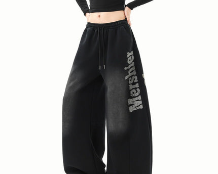 Pantalones de chándal unisex de hip hop lavados con letras de moda urbana, pantalones anchos y sueltos de invierno, pantalones casuales con abertura de hip hop