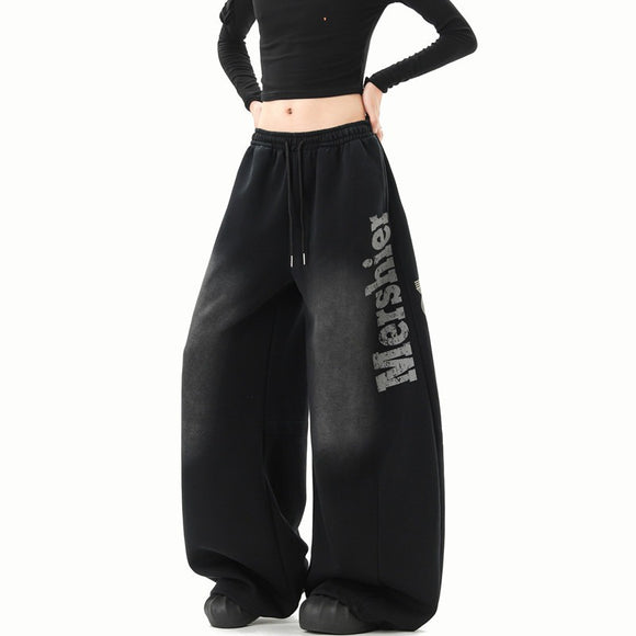 Pantalons de survêtement unisexe tendance hiver Hip Hop à lettres délavées, larges et amples avec fente casual