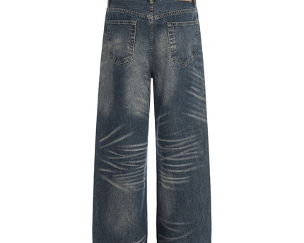 Jeans Vintage pentru Bărbați, Alb Spălat Distressed, Croi Drept, Fit Casual Larg, Stil Pantaloni cu Picior Larg, Brand de Modă