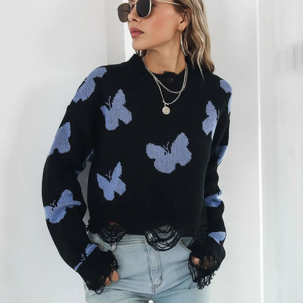 Distressed Butterfly Cropped Sweater – Slim Fit