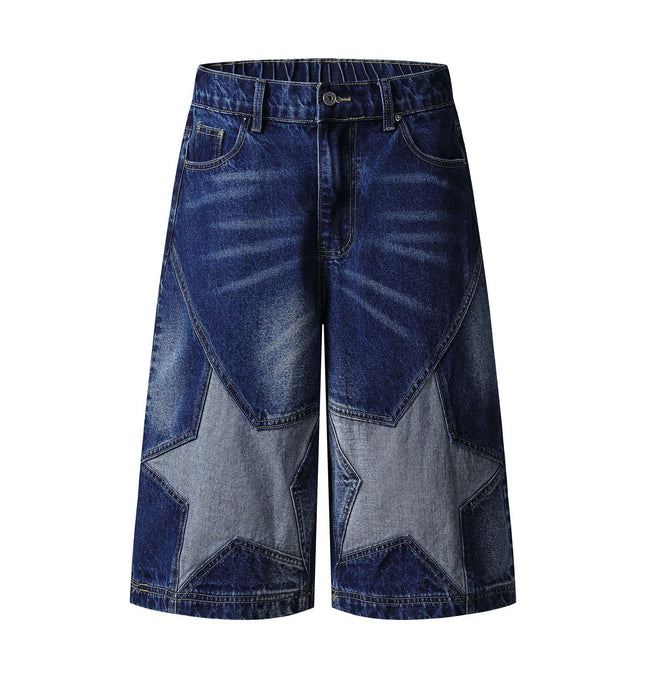Front view of Street Washed Star Patchwork Shorts - Grozavu brand streetwear