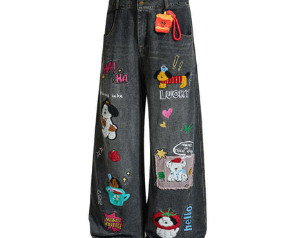 Embroidered College Style Cartoon Patch Denim Pants