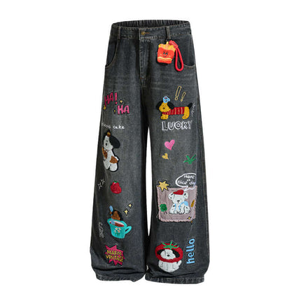 Embroidered College Style Cartoon Patch Denim Pants