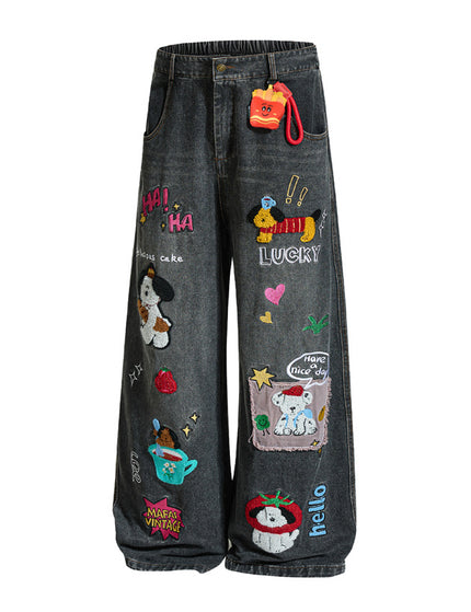 Embroidered College Style Cartoon Patch Denim Pants