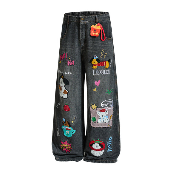 Embroidered College Style Cartoon Patch Denim Pants