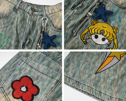 Retro Washed Star Pendant Cartoon Embroidery Loose Casual Trendy Straight Jeans for Men and Women