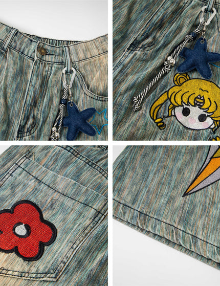 Retro Washed Star Pendant Cartoon Embroidery Loose Casual Trendy Straight Jeans for Men and Women