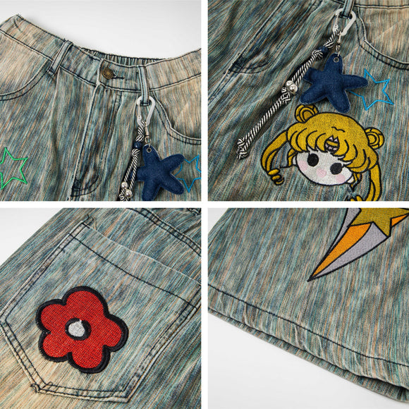 Retro Washed Star Pendant Cartoon Embroidery Loose Casual Trendy Straight Jeans for Men and Women