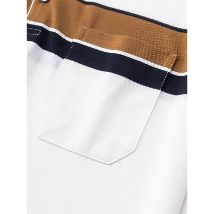 Organic cotton t-shirt with chest pocket, featuring relaxed fit for Father's Day, designed with brown, white, and navy stripes.