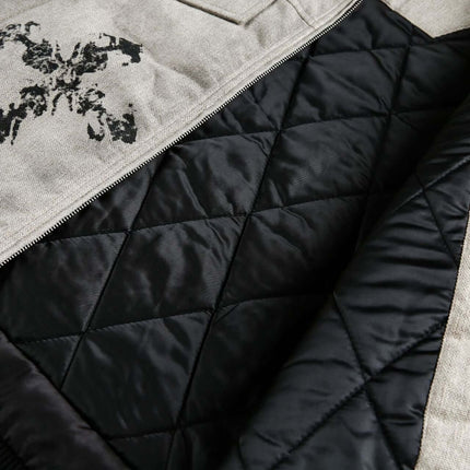 Grozavu Graffiti Faux Fur Collar Coat – Loose Fit interior detailing with quilted lining and graffiti print design.