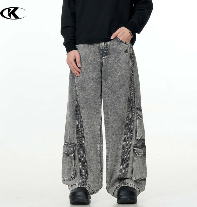 Washed Gray Workwear Jeans with Multiple Pockets for Men and Women