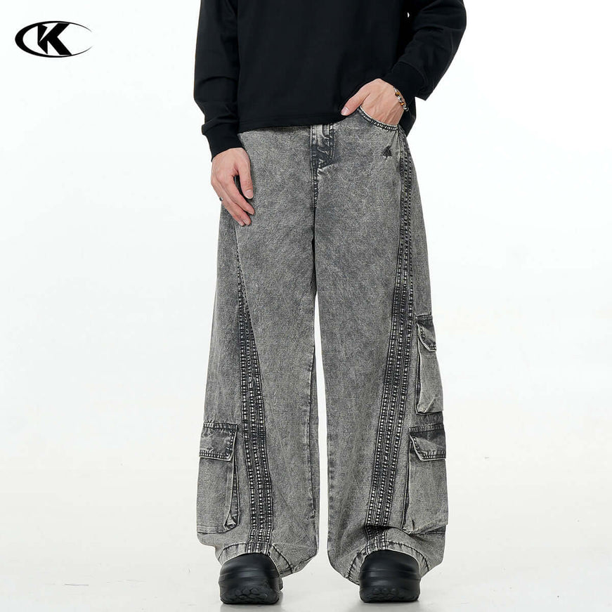 Gray washed gray workwear jeans multiple with Grozavu logo