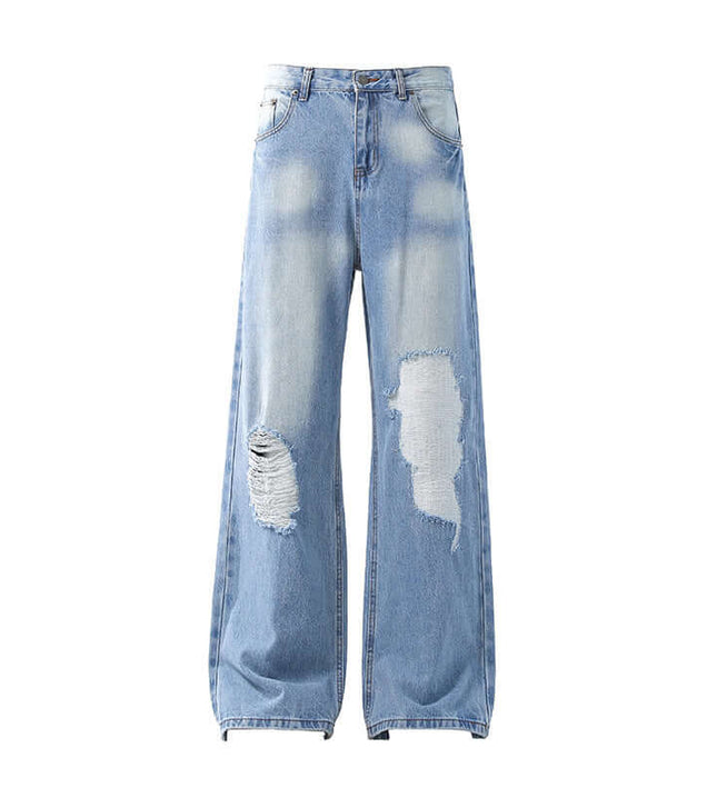 Retro washed light blue ripped jeans for men and women in summer