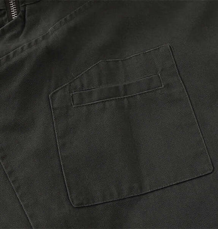 Detail of the pocket on the Stand Collar Casual Jacket – Loose Fit, showcasing its clean design and durable fabric.