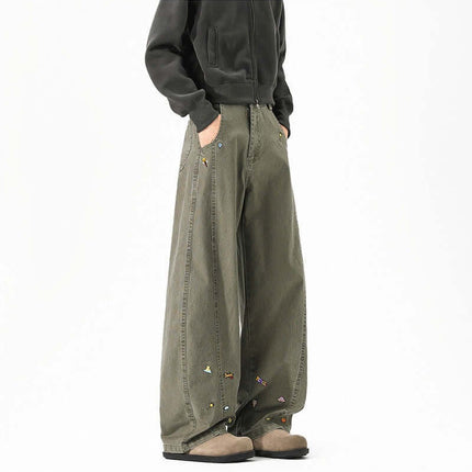 Loose Wide Leg Casual Long Pants in olive green with cartoon detailing for a trendy high-street look.