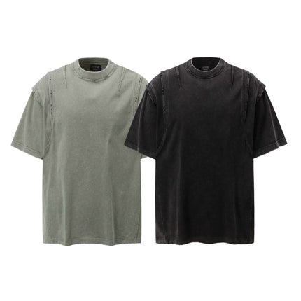 Washed Spliced Distressed T-Shirt – Loose Fit featuring relaxed style in green and black cotton fabric.
